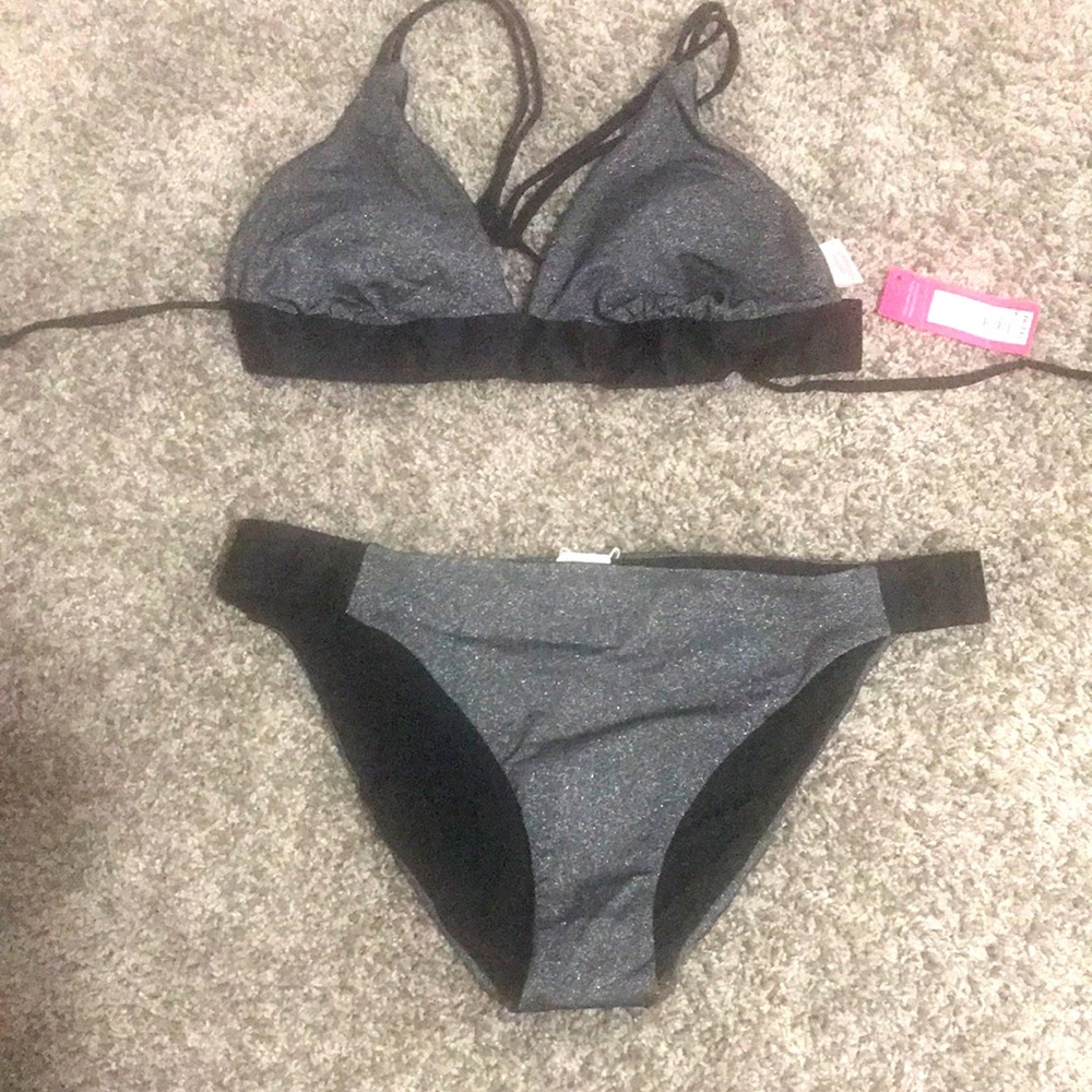 Xhilaration brand size L shimmery grey and black bikini 2 piece NEW eapiece $20